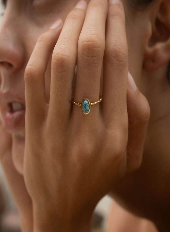 Made by Nami Open Circle Ring for Women - Adjustable Gold Circle Ring - Stainless Steel Open Rings (Oval Turquoise Gemstone) - Image 2