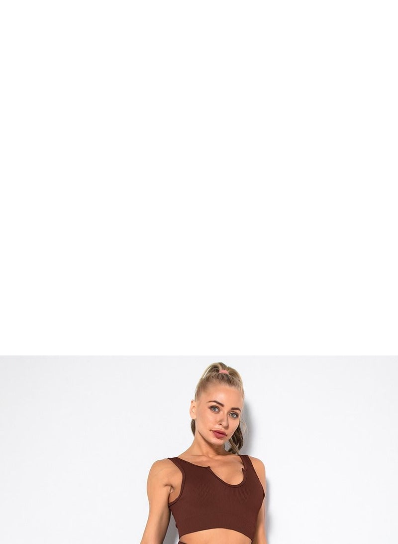 Loquat Solid V-neck Bra Tights Sports Set Dark Brown - Image 2