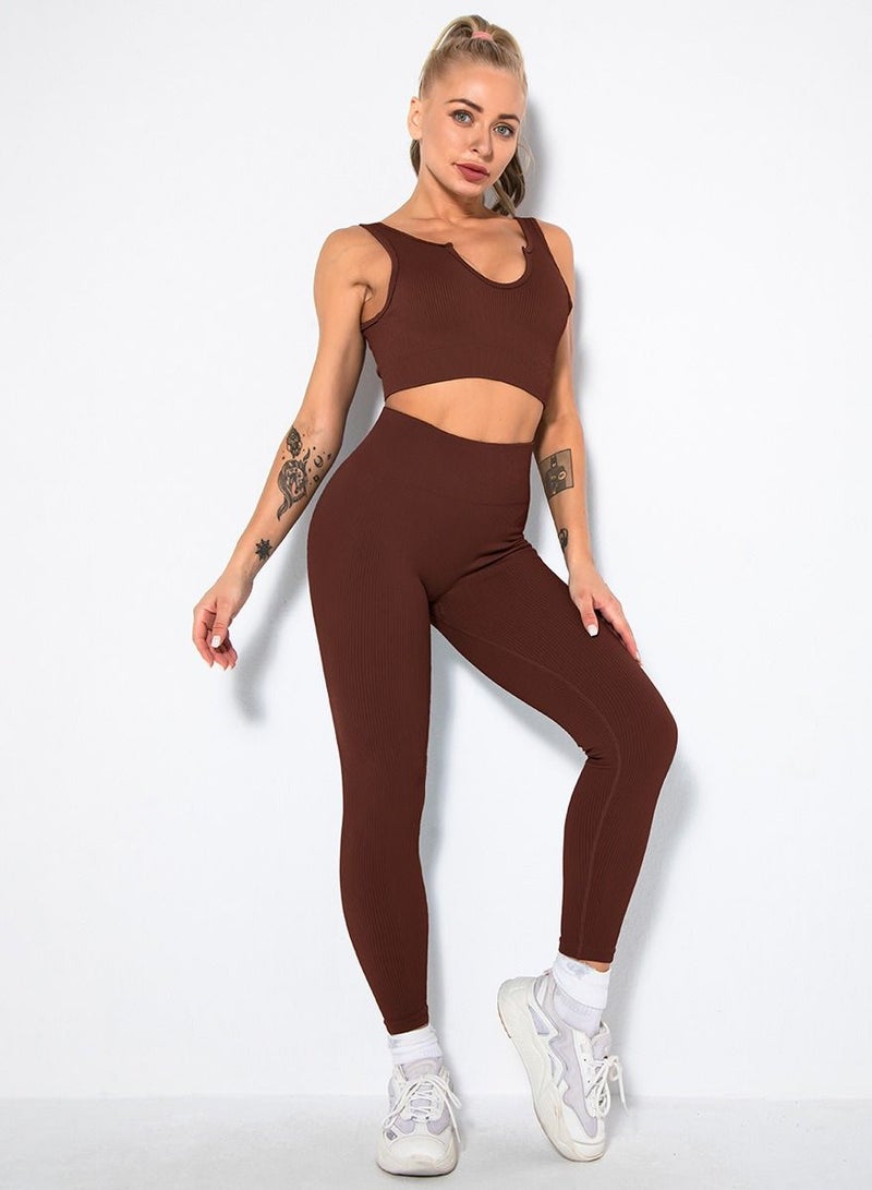 Loquat Solid V-neck Bra Tights Sports Set Dark Brown - Image 1