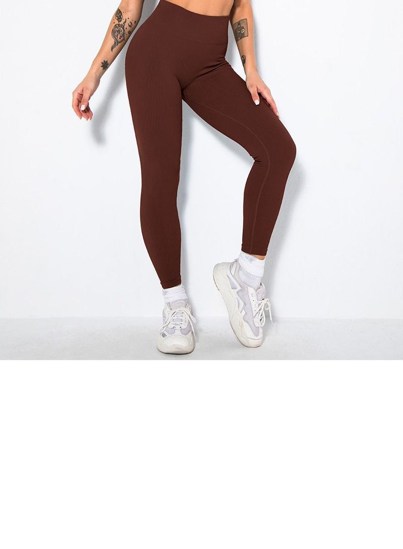 Loquat Solid V-neck Bra Tights Sports Set Dark Brown - Image 3