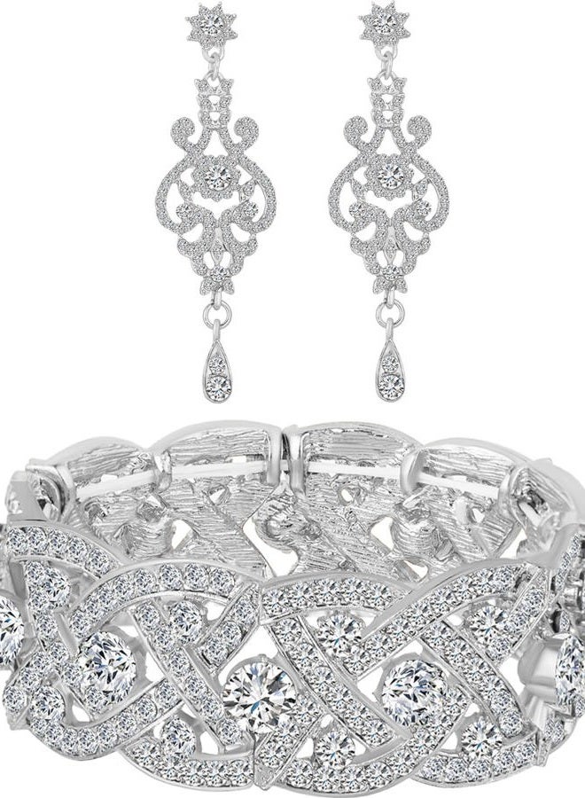 Paxuan Womens White Clear Rhinestone Crystal Wedding Bridal Bridesmaid Bracelet Jewelry Link Tennis Bracelet (Silver - Bracelet + Earrings) - Image 1