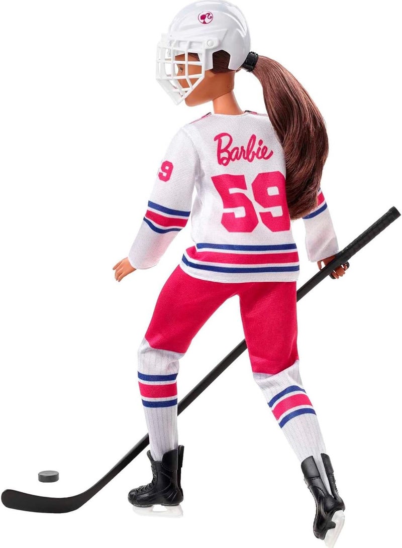 Barbie Winter Sports Hockey Player Brunette Doll, Curvy Shape (12 in) with Jersey, Helmet, Hockey Stick, Puck & Trophy, 3 & Up - Image 5