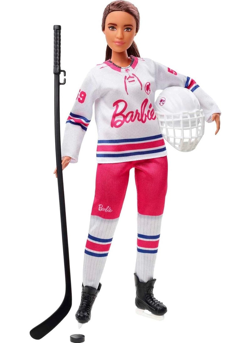 Barbie Winter Sports Hockey Player Brunette Doll, Curvy Shape (12 in) with Jersey, Helmet, Hockey Stick, Puck & Trophy, 3 & Up - Image 2