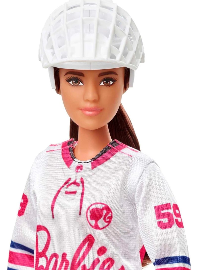 Barbie Winter Sports Hockey Player Brunette Doll, Curvy Shape (12 in) with Jersey, Helmet, Hockey Stick, Puck & Trophy, 3 & Up - Image 4