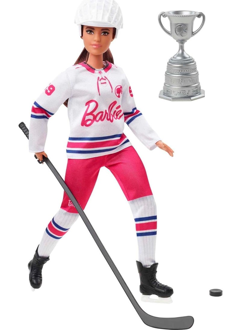 Barbie Winter Sports Hockey Player Brunette Doll, Curvy Shape (12 in) with Jersey, Helmet, Hockey Stick, Puck & Trophy, 3 & Up - Image 3