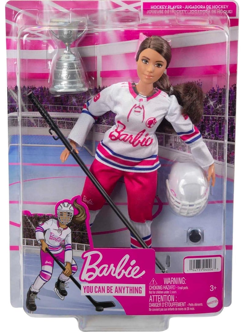 Barbie Winter Sports Hockey Player Brunette Doll, Curvy Shape (12 in) with Jersey, Helmet, Hockey Stick, Puck & Trophy, 3 & Up - Image 1