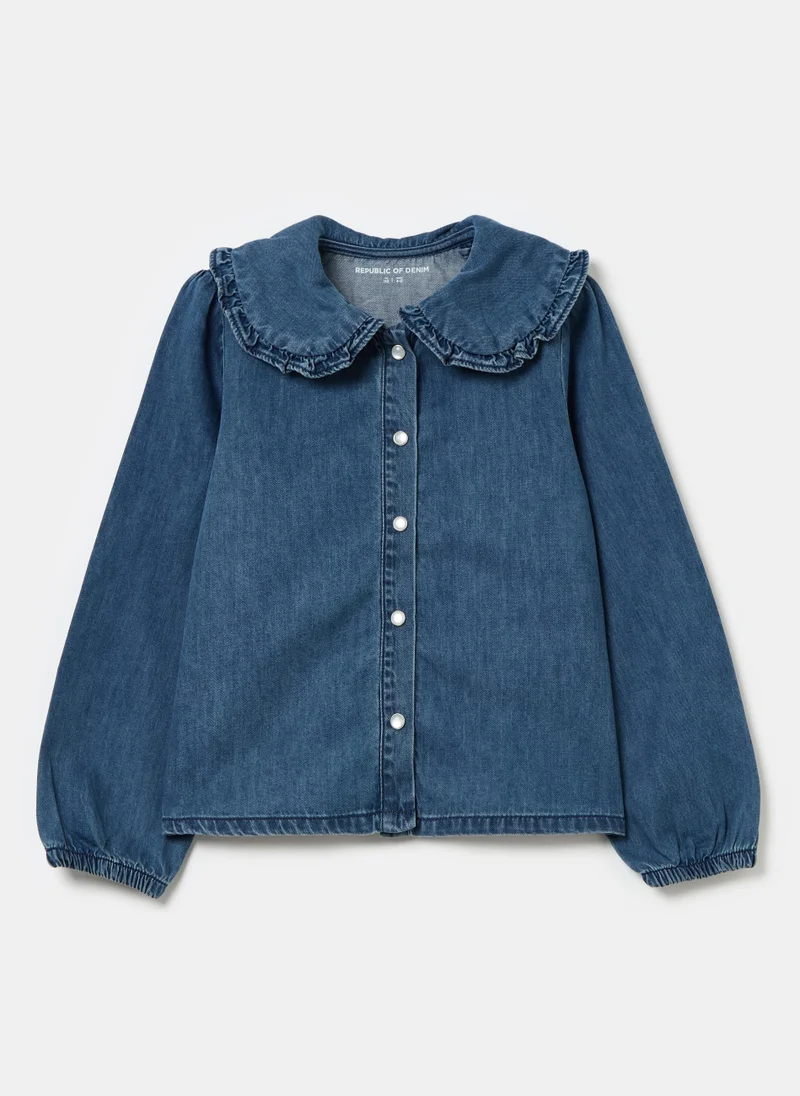 او في اس Denim blouse with bead buttons and collar