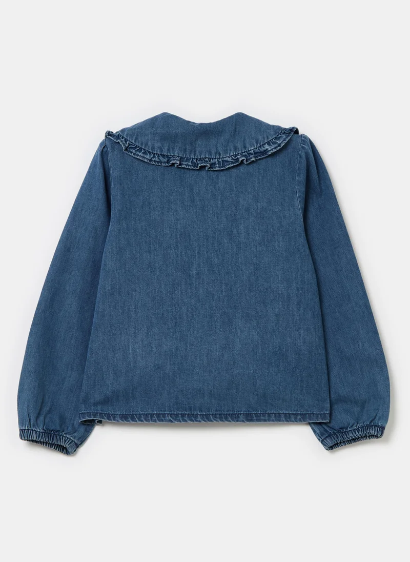 او في اس Denim blouse with bead buttons and collar