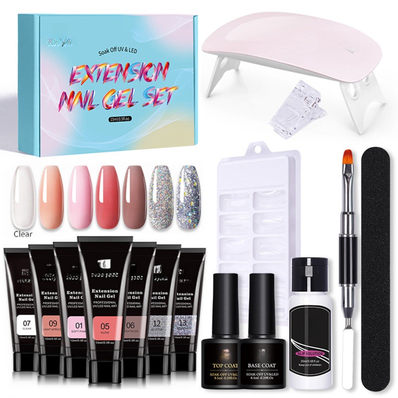 Nail Extension Gel Set Nail Strengthen Gel UV/LED Nail Lamp Nail Dryer Base Coat Top Coat with Nail Brush Nail File Nail Clip Manicure Tools - Image 1