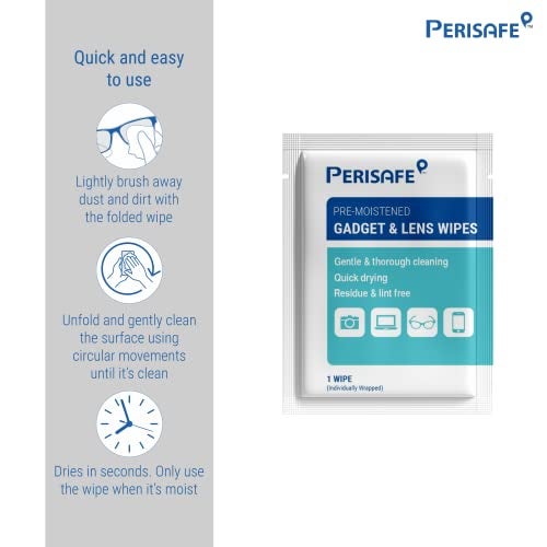 Perisafe Pre-Moistened Gadget & Lens Cleaning Wipes| Multi Purpose, On-The-Go Individually Packed | Cleaner for Spectacles, Sunglasses, Camera Lens, Binoculars & Goggles| Pack of 30 x 2 = 60 Wipes - Image 3