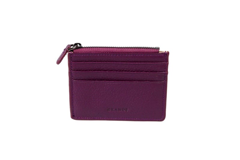 grande 3603 Genuine Leather Card Holder For Women and Men Slim Minimalist Small Zipper Wallet PURPLE - Image 2