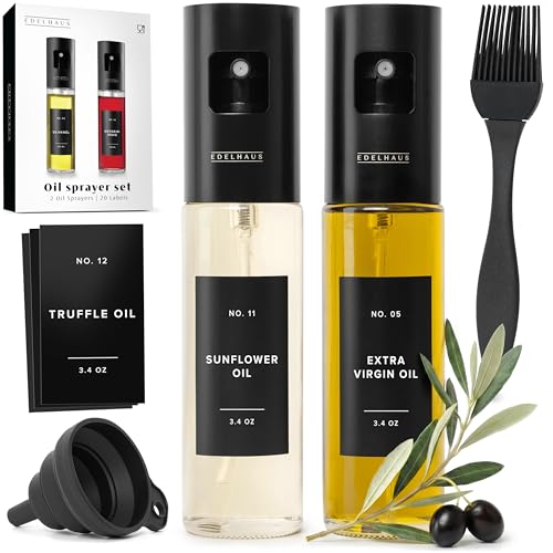EDELHAUS Oil Sprayer Set of 2 – Oil Spray Bottle Made of Stainless Steel & Glass, for Healthy Cooking, Sprayer for Precise Dosage, for Cooking Oil & Vinegar Including 20 Labels, Funnel - Image 1