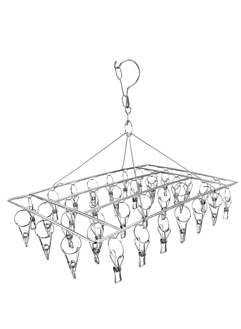 KASTWAVE Stainless Steel Sock Drying Rack, Laundry Pegs with 36pcs Swivel Hook Wind-proof Clothes Hanging Rack Metal Clothespins Rectangle for Socks, Underwear, Shoe Insoles, Baby Clothes, Gloves - Image 1