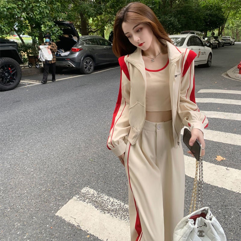 2024 Autumn Color Block Zip Crop Jacket  Wide Leg Pants Set for Women apricot Trousers