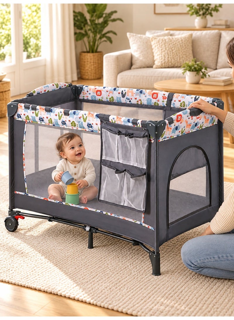 MaBaby Foldable Baby Cot and Playpen with Changing Table, Mesh Sides and Carry Bag - Image 1