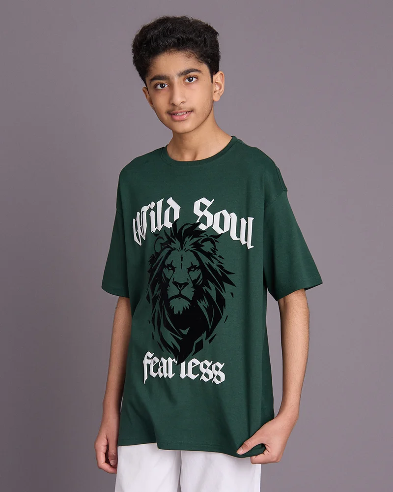 Redtag Senior Boys Olive Printed T-Shirt
