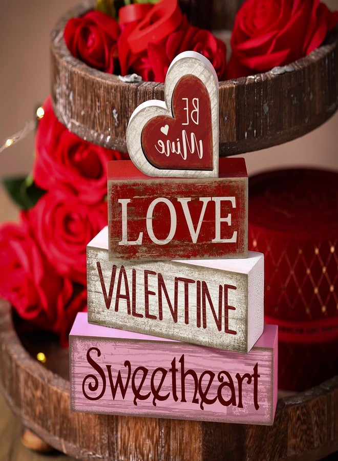 Lineshading 4 Pcs Valentine Table Decoration Wooden Be Mine Heart Decor Valentine Day Tiered Tray Decor Valentine's Day Centerpiece Red Pink White Heart Block Signs Gift for Farmhouse Home Kitchen - Image 2