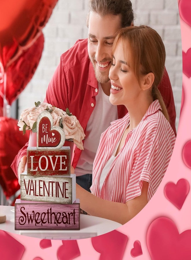 Lineshading 4 Pcs Valentine Table Decoration Wooden Be Mine Heart Decor Valentine Day Tiered Tray Decor Valentine's Day Centerpiece Red Pink White Heart Block Signs Gift for Farmhouse Home Kitchen - Image 3