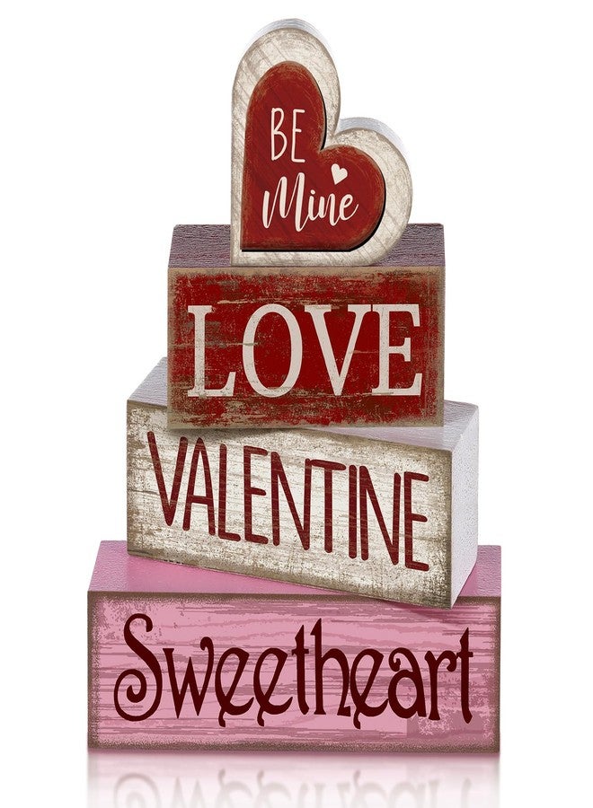 Lineshading 4 Pcs Valentine Table Decoration Wooden Be Mine Heart Decor Valentine Day Tiered Tray Decor Valentine's Day Centerpiece Red Pink White Heart Block Signs Gift for Farmhouse Home Kitchen - Image 1