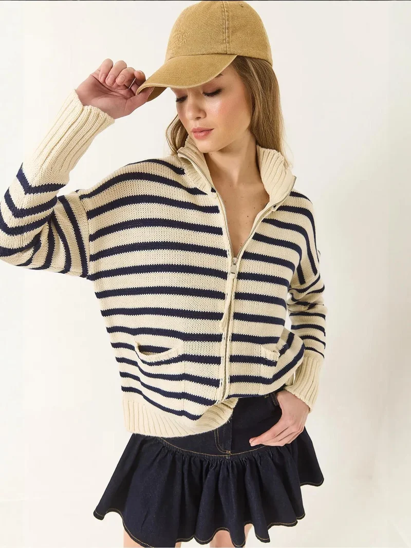 بيانكو لوتشي كارديجان محبوك مخطط بياقة بسحاب من لوتشي