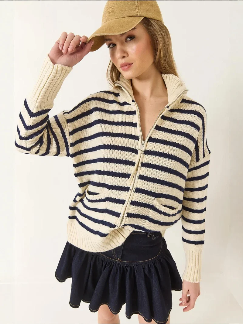 بيانكو لوتشي كارديجان محبوك مخطط بياقة بسحاب من لوتشي