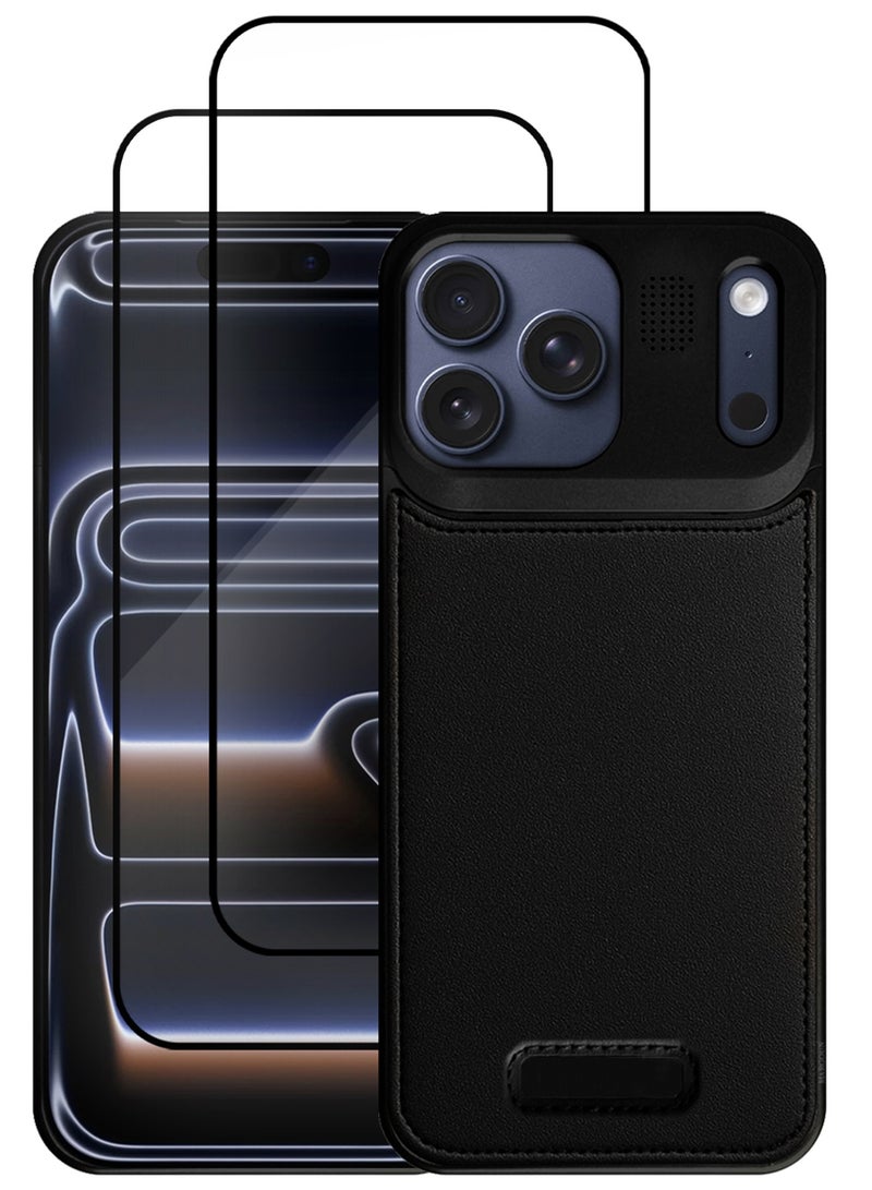 3 Pieces of Luxury Leather Aluminum Alloy Aromatherapy Case for iPhone 17 Pro Max - MagSafe Compatible - Shockproof - Camera Lens Protection - with Two 3D Screen Protectors - Black - Image 1