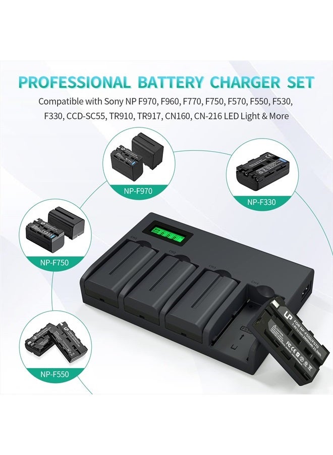 LP NP-F550 Battery Charger Pack, LP 4-Pack Battery & Quadruple Slot Charger, Compatible with Sony NP F970, F960, F770, F750, F570, F550, F530, F330, CCD-SC55, TR910, TR917, CN160, CN-216 LED Light & More - Image 2