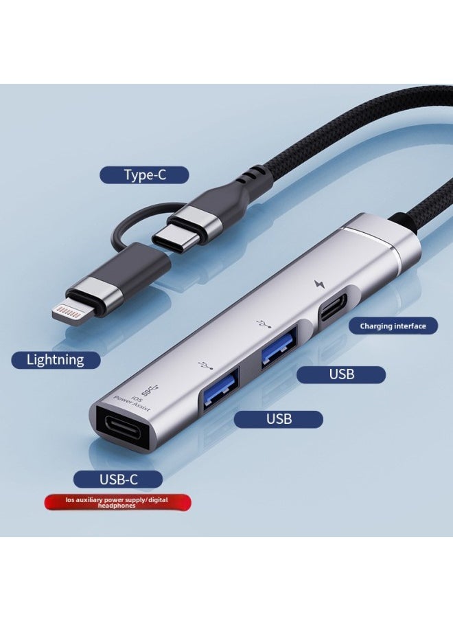 Suitable For Apple Typec To USB Extender HUB Hub 4 In 1 Splitter Conversion Line PD Charging Extension-Number Of Interfaces:Tc To 3usb+dual Typec Gray