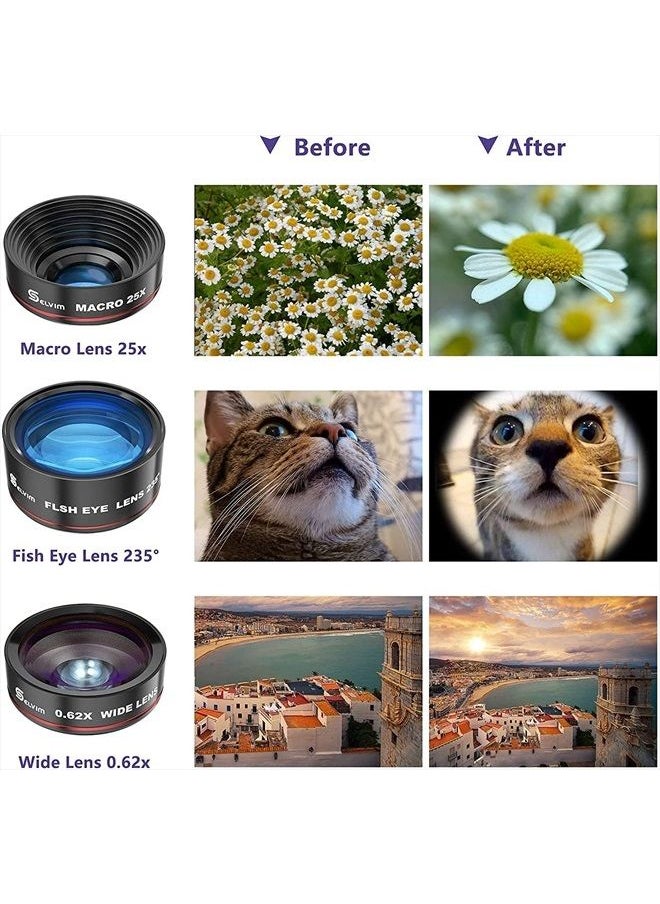 Selvim Phone Camera Lens Phone Lens Kit 4 in 1, 22X Telephoto Lens, 235° Fisheye Lens, 0.62X Wide Angle Lens, 25X Macro Lens, Compatible with iPhone 7 8 11 pro max X XS XR Android Samsung