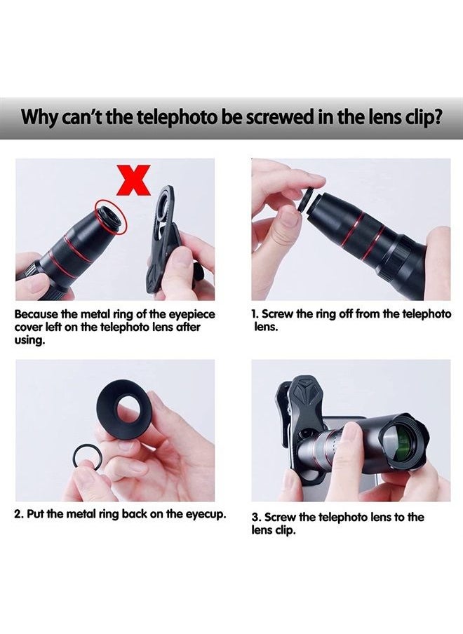 Selvim Phone Camera Lens Phone Lens Kit 4 in 1, 22X Telephoto Lens, 235° Fisheye Lens, 0.62X Wide Angle Lens, 25X Macro Lens, Compatible with iPhone 7 8 11 pro max X XS XR Android Samsung