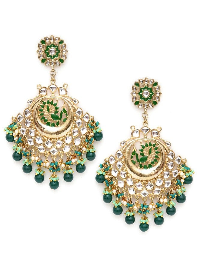 Karatcart Gold Plated Green Meena Peacock Design Kundan Chandbali Earrings for Women - Image 1