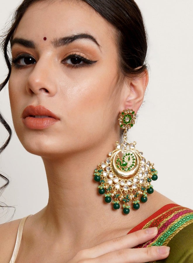 Karatcart Gold Plated Green Meena Peacock Design Kundan Chandbali Earrings for Women - Image 2