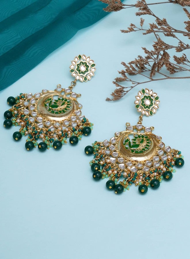 Karatcart Gold Plated Green Meena Peacock Design Kundan Chandbali Earrings for Women - Image 3