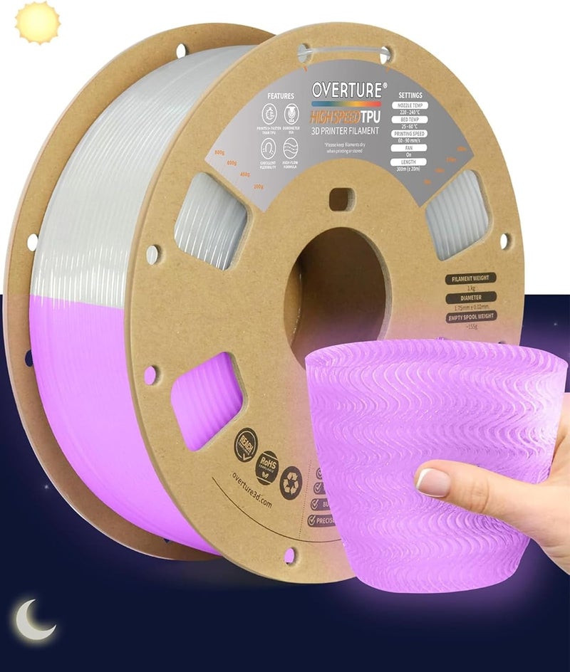 OVERTURE TPU High Speed Filament 1.75mm Flexible Roll, 95A Soft 3D Printer Filament, 1kg Spool (2.2 lbs), Fit Most FDM Printer (HS TPU Luminous Pink) - Image 1