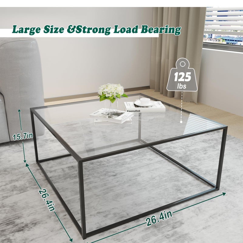 Easy Paws Glass Coffee Table Modern Center Table,Minimalist Coffee Table Sofa Side Tea Table for Living Room,Tempered Glass-top with Sturdy Metal Frame, Easy Assembly,26.4 x 26.4 x 15.7 Inches, Black - Image 2