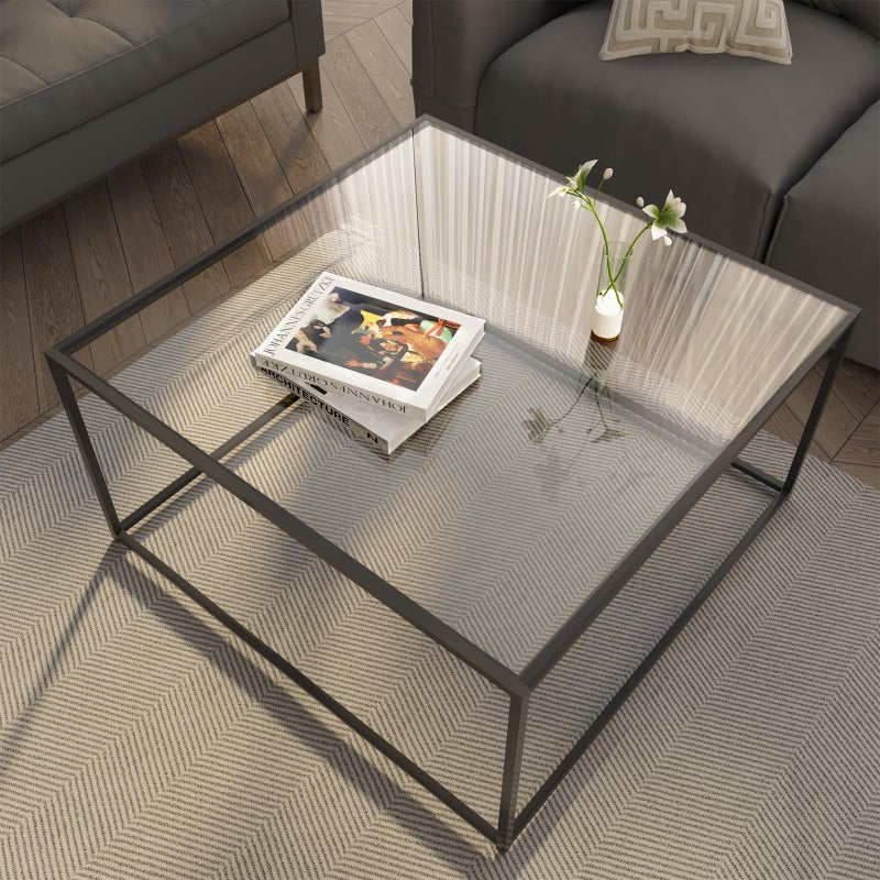 Easy Paws Glass Coffee Table Modern Center Table,Minimalist Coffee Table Sofa Side Tea Table for Living Room,Tempered Glass-top with Sturdy Metal Frame, Easy Assembly,26.4 x 26.4 x 15.7 Inches, Black - Image 1