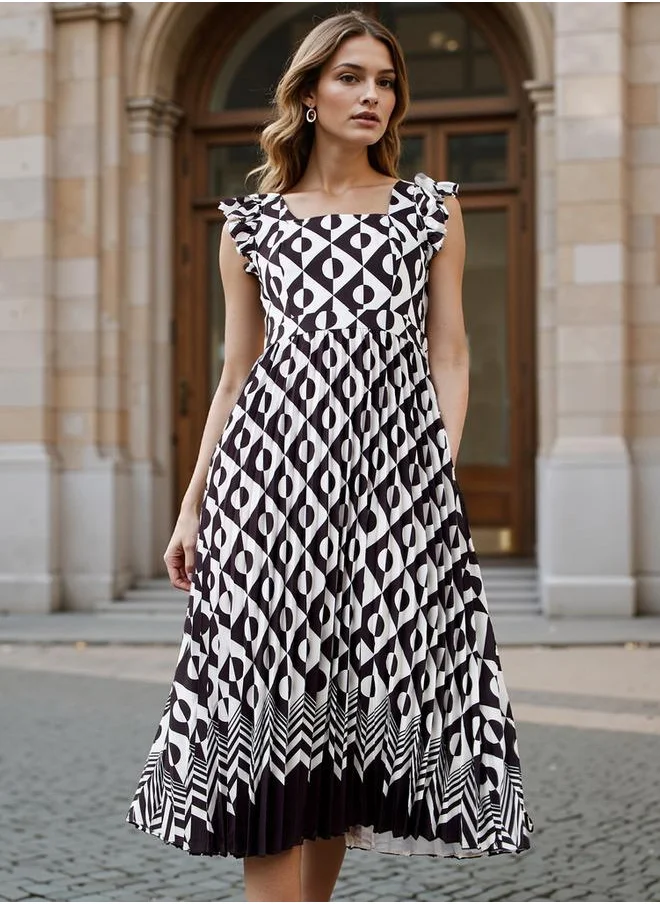 FAV Pleated Midi Dress with Ruffle Sleeves