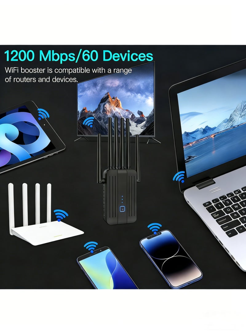 موسع شبكة واي فاي لاسلكي ثنائي النطاق 1200 ميجابت في الثانية بتردد 2.4 جيجاهرتز/5 جيجاهرتز، معزز إشارة مزود بـ 6 هوائيات، مكرر واي فاي لاسلكي مع منفذ إيثرنت، يدعم توصيل المزيد من الأجهزة، معزز إنترنت لتغطية واي فاي شاملة 360 درجة للمنزل، لون أسود. - Image 2
