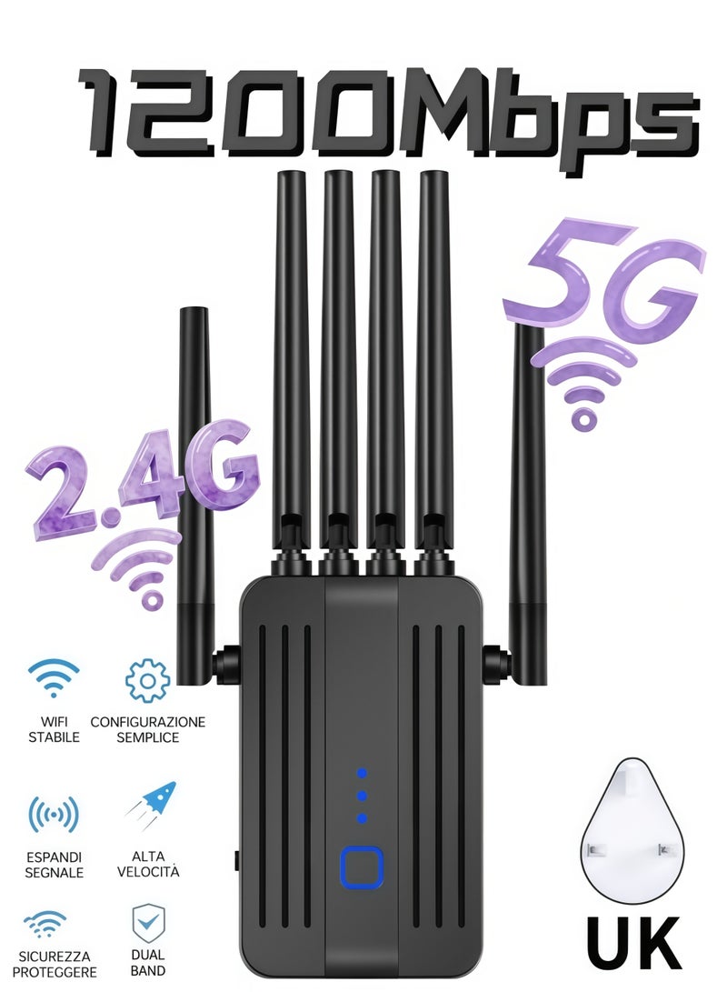 1200Mbps Dual Band 2.4GHz/5GHz Wirelss WiFi Extender, Signal Booster with 6 Antennas, Wireless WiFi Repeater with Ethernet Port, More Devices, Internet Extender WiFi Booster for Home, 360° Full Coverage, Black - Image 1