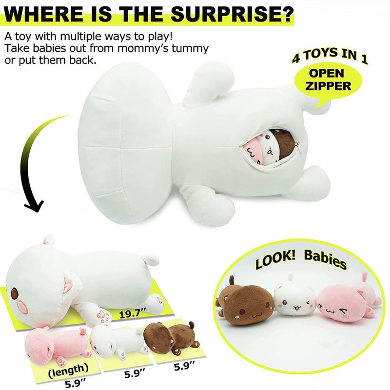Onsoyours Cat Stuffed Animal Mommy 19.7" with 3 Kitty Plushies, 4 Piece of Cute Cat Plush Pillow Toys for Kids Girls Boys (White Cat Family) - Image 2