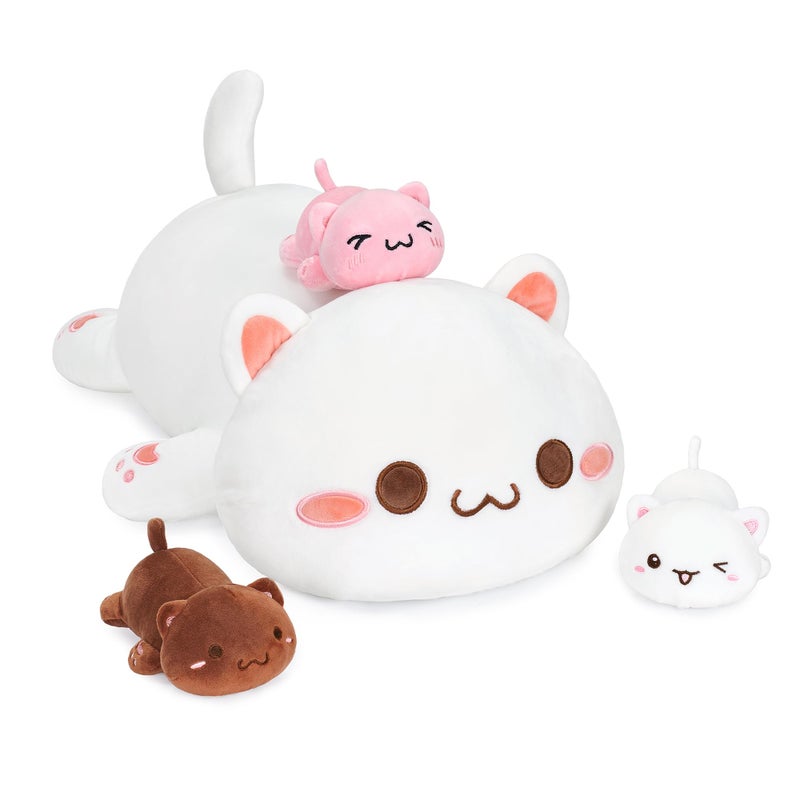 Onsoyours Cat Stuffed Animal Mommy 19.7" with 3 Kitty Plushies, 4 Piece of Cute Cat Plush Pillow Toys for Kids Girls Boys (White Cat Family) - Image 1