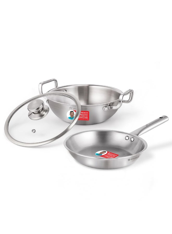 Wonderchef Stella Triply Stainless Steel Cookware Set | 3 Pcs. | Fry Pan 22 cm, Kadhai 22 cm + Lid | for Gas Stove, Induction, Ceramic Cooktop | Uniform Heating | Heavy-Duty Handle | 10-Year Warranty - Image 1