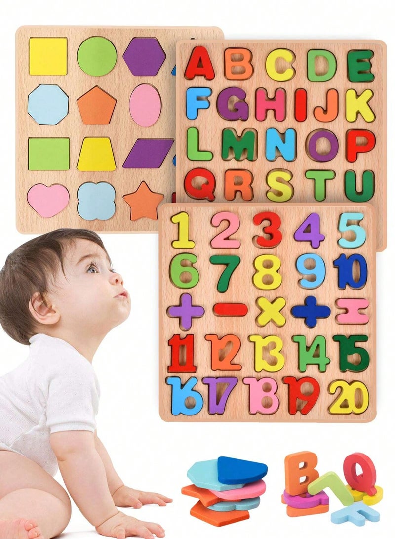 3 Pcs,Wooden Cognitive Puzzle Board for Toddlers for Early Education- Alphabet, Numbers, and Shapes - Enhances Hand-Eye Coordination, Problem-Solving, and Creativity  - Image 1