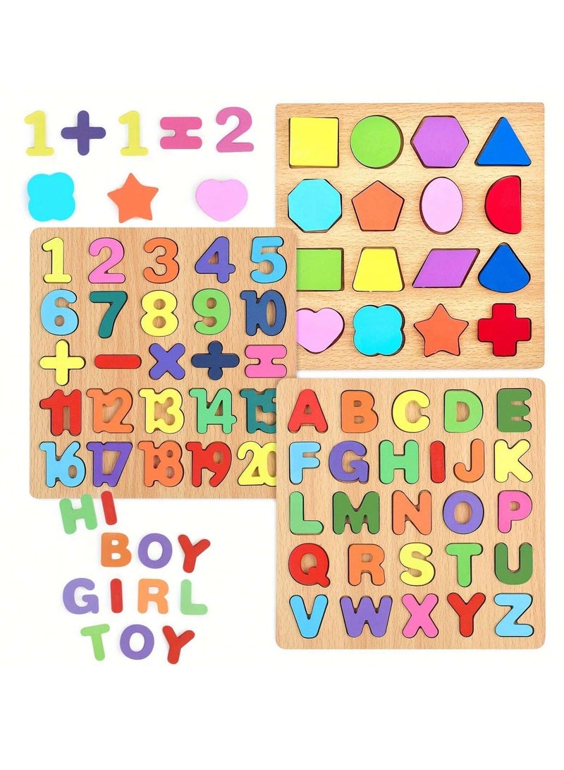 3 Pcs,Wooden Cognitive Puzzle Board for Toddlers for Early Education- Alphabet, Numbers, and Shapes - Enhances Hand-Eye Coordination, Problem-Solving, and Creativity  - Image 3