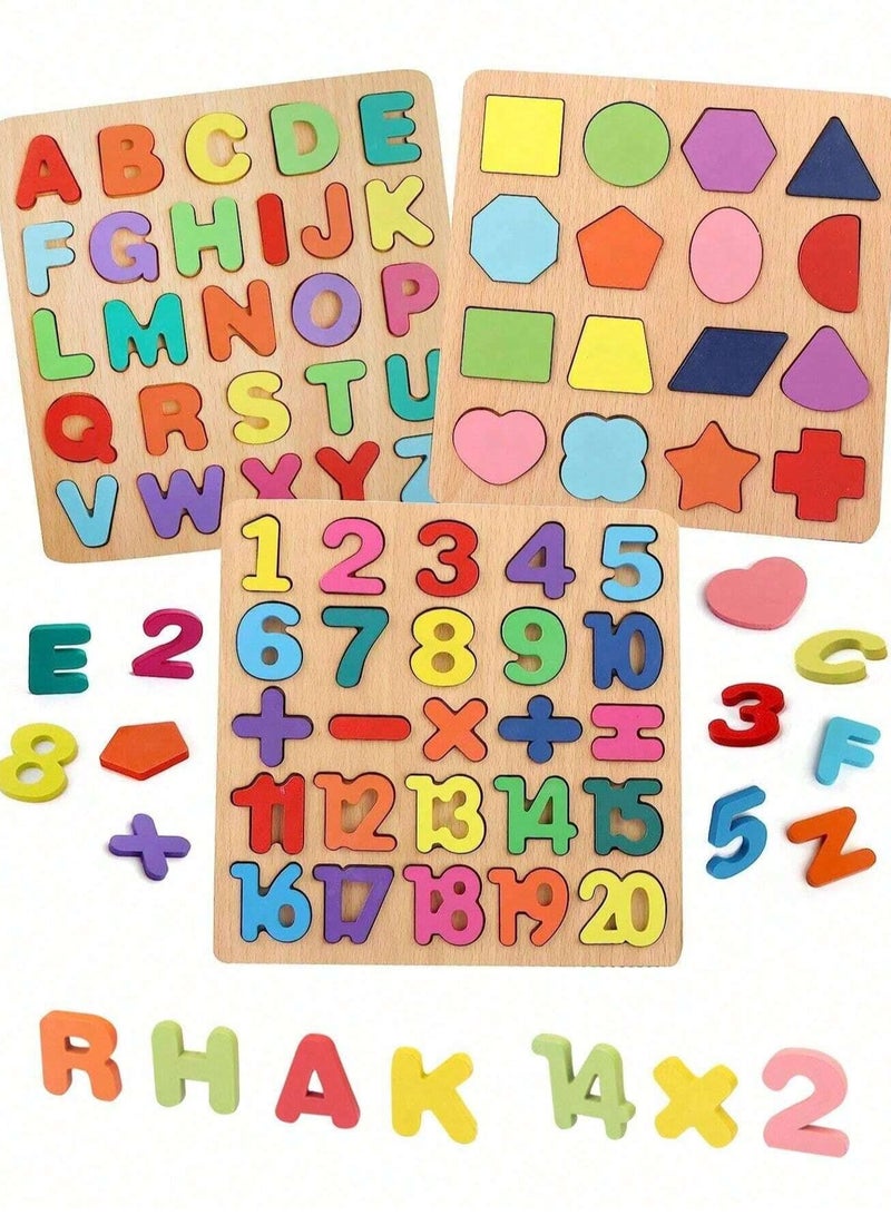 3 Pcs,Wooden Cognitive Puzzle Board for Toddlers for Early Education- Alphabet, Numbers, and Shapes - Enhances Hand-Eye Coordination, Problem-Solving, and Creativity  - Image 2