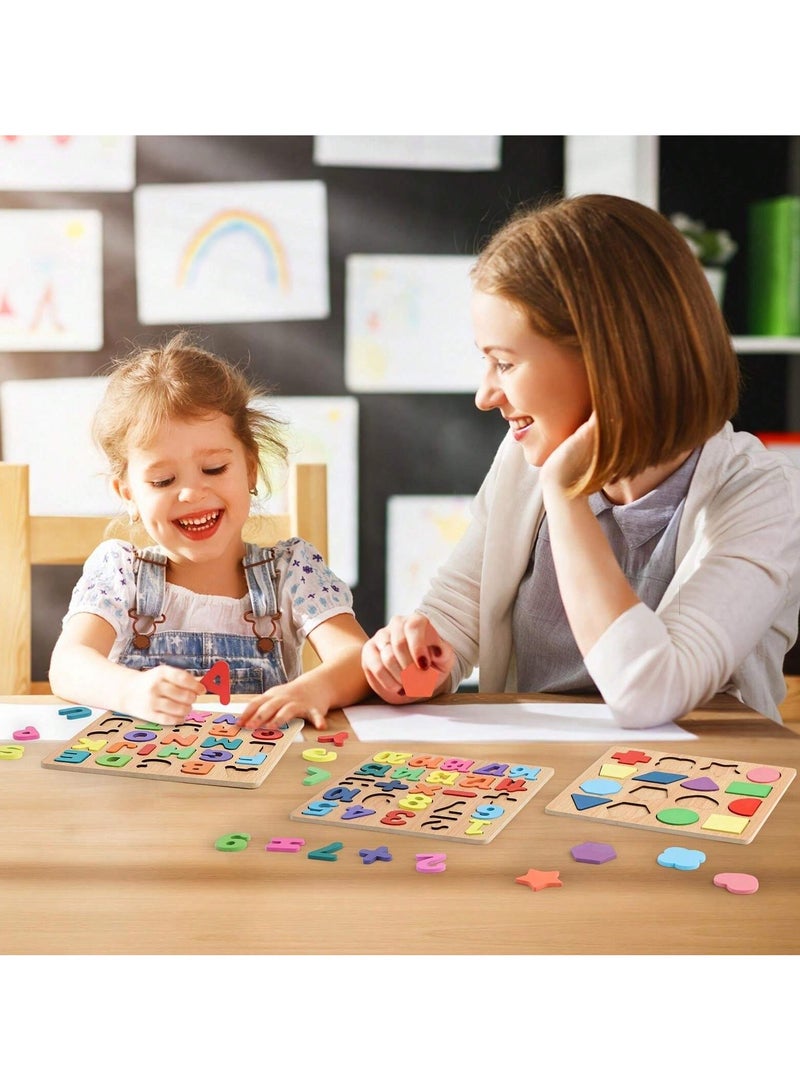 3 Pcs,Wooden Cognitive Puzzle Board for Toddlers for Early Education- Alphabet, Numbers, and Shapes - Enhances Hand-Eye Coordination, Problem-Solving, and Creativity  - Image 5
