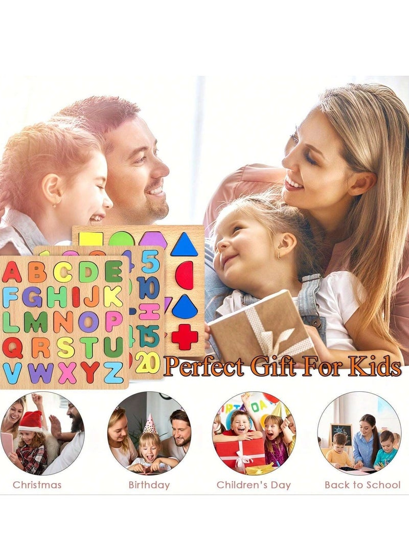 3 Pcs,Wooden Cognitive Puzzle Board for Toddlers for Early Education- Alphabet, Numbers, and Shapes - Enhances Hand-Eye Coordination, Problem-Solving, and Creativity  - Image 4