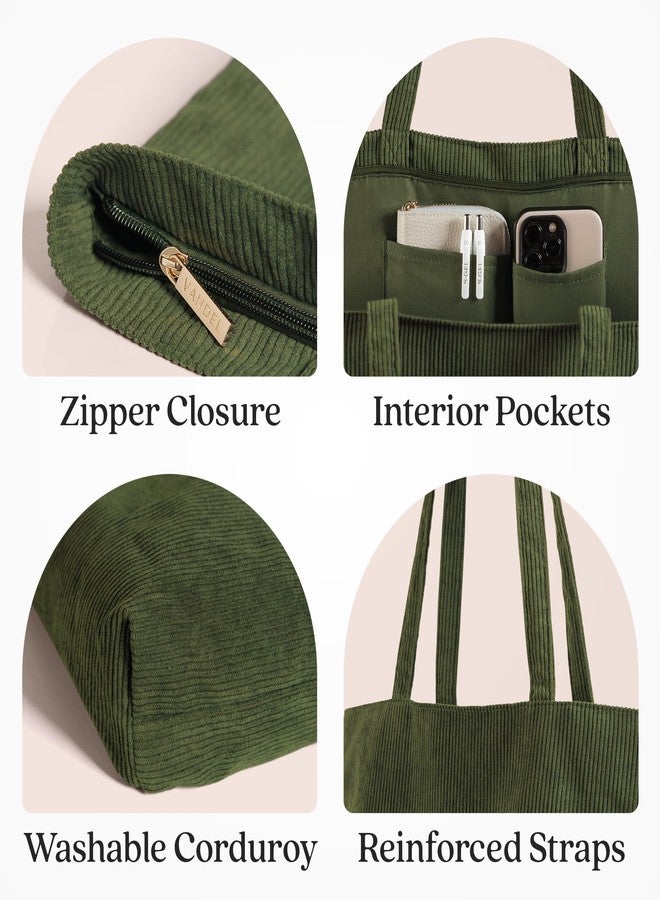 VANDEL Corduroy Tote Bag for Women and Men. Tote Bag with Zipper, Cute Tote Bag Aesthetic, Corduroy Bag for School, Boho Bag, Army, Regular, Army - Image 2