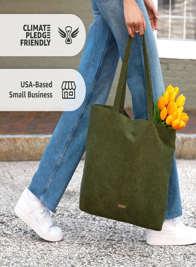 VANDEL Corduroy Tote Bag for Women and Men. Tote Bag with Zipper, Cute Tote Bag Aesthetic, Corduroy Bag for School, Boho Bag, Army, Regular, Army - Image 3