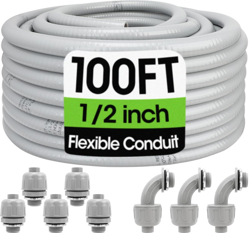 YesBes 100FT Liquid-Tight Conduit and Connector Kit, 1/2 Flexible Non Metallic Electrical Conduit with 5 Straight and 3 Angle Fittings, PVC Conduit - Image 1